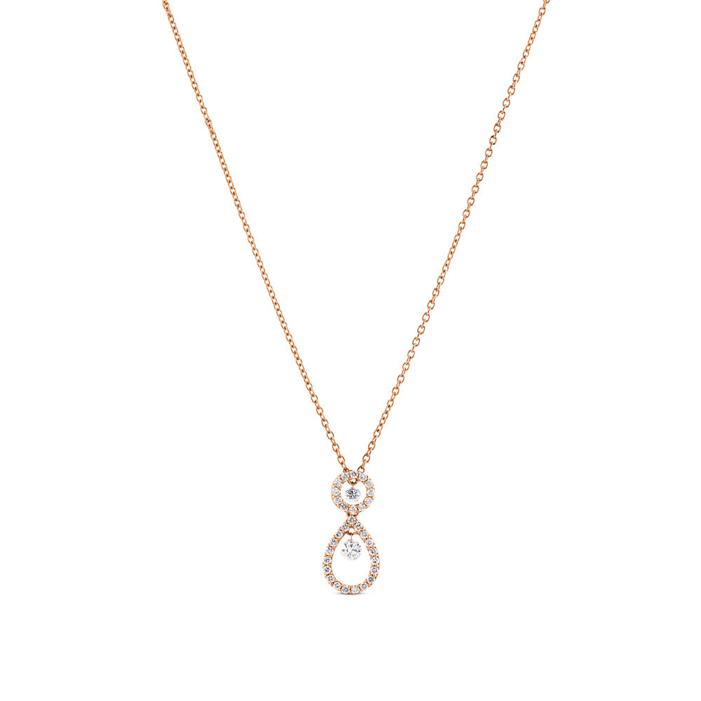 Colgante de oro rosa con círculo y lágrima de pavé de diamantes y dos diamantes al aire