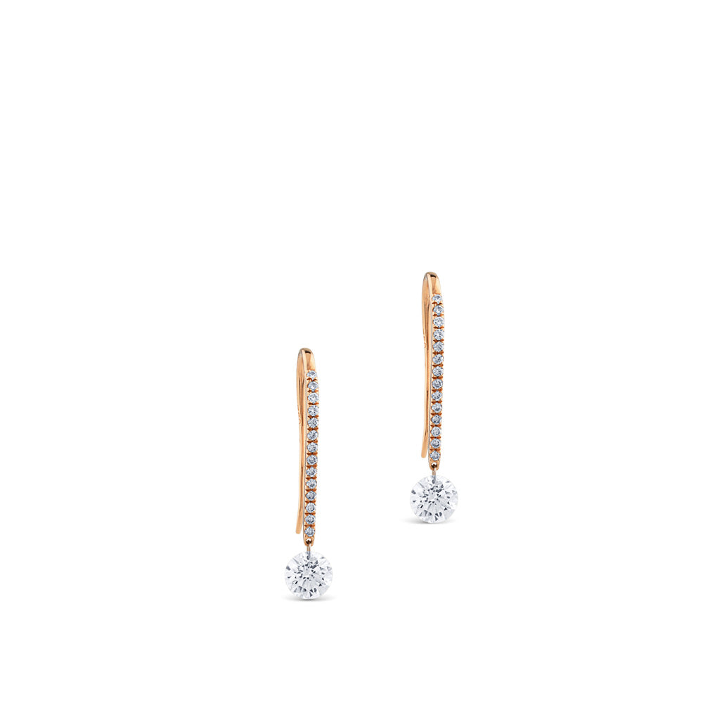 Pendientes de oro rosa con hilera de diamantes y diamante al aire