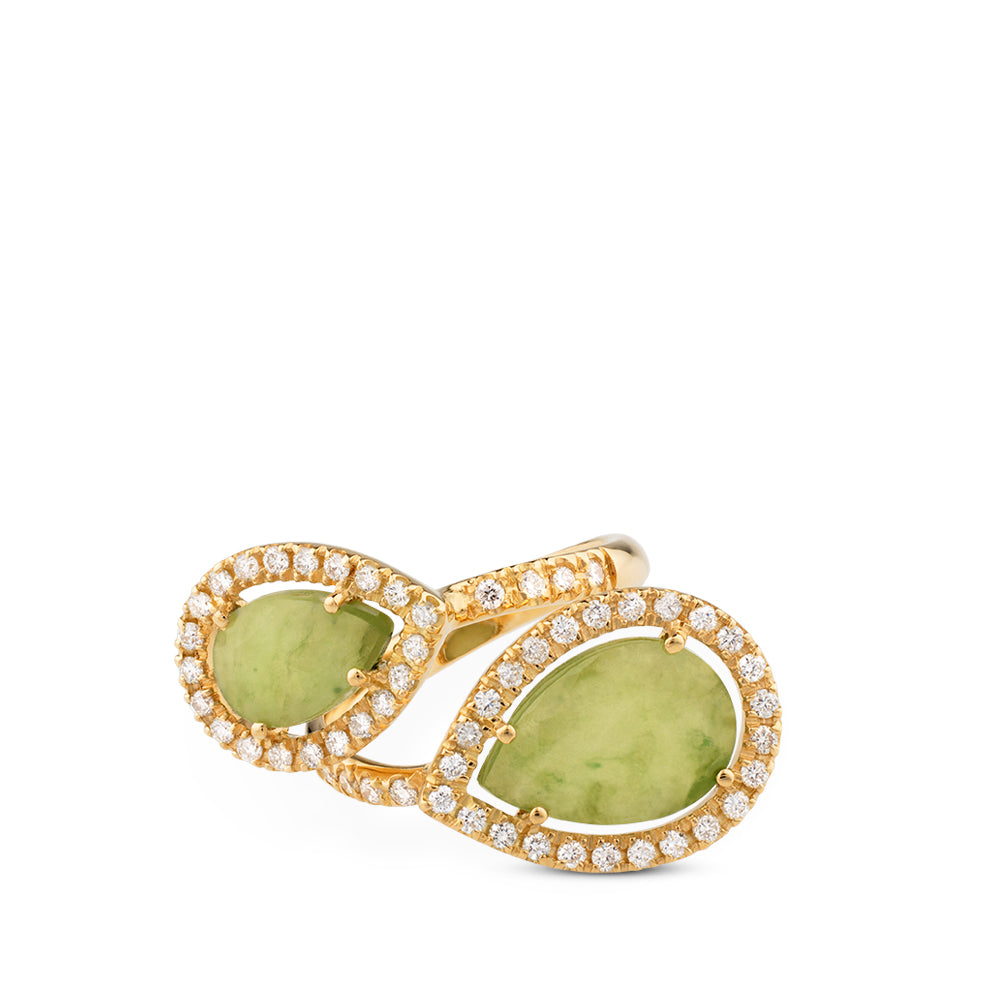Sortija "tu y yo" de oro rosa con jade en talla marquise y orla de diamantes
