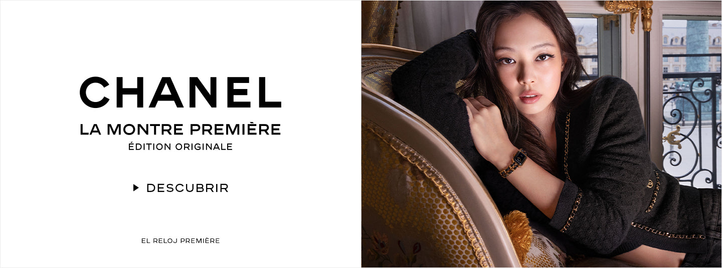 banner_parte_izquierda_logo_y_texto_de_chanel_parte_derecha_modelo_femenina__tumbada_con_reloj_negro_de_chanel