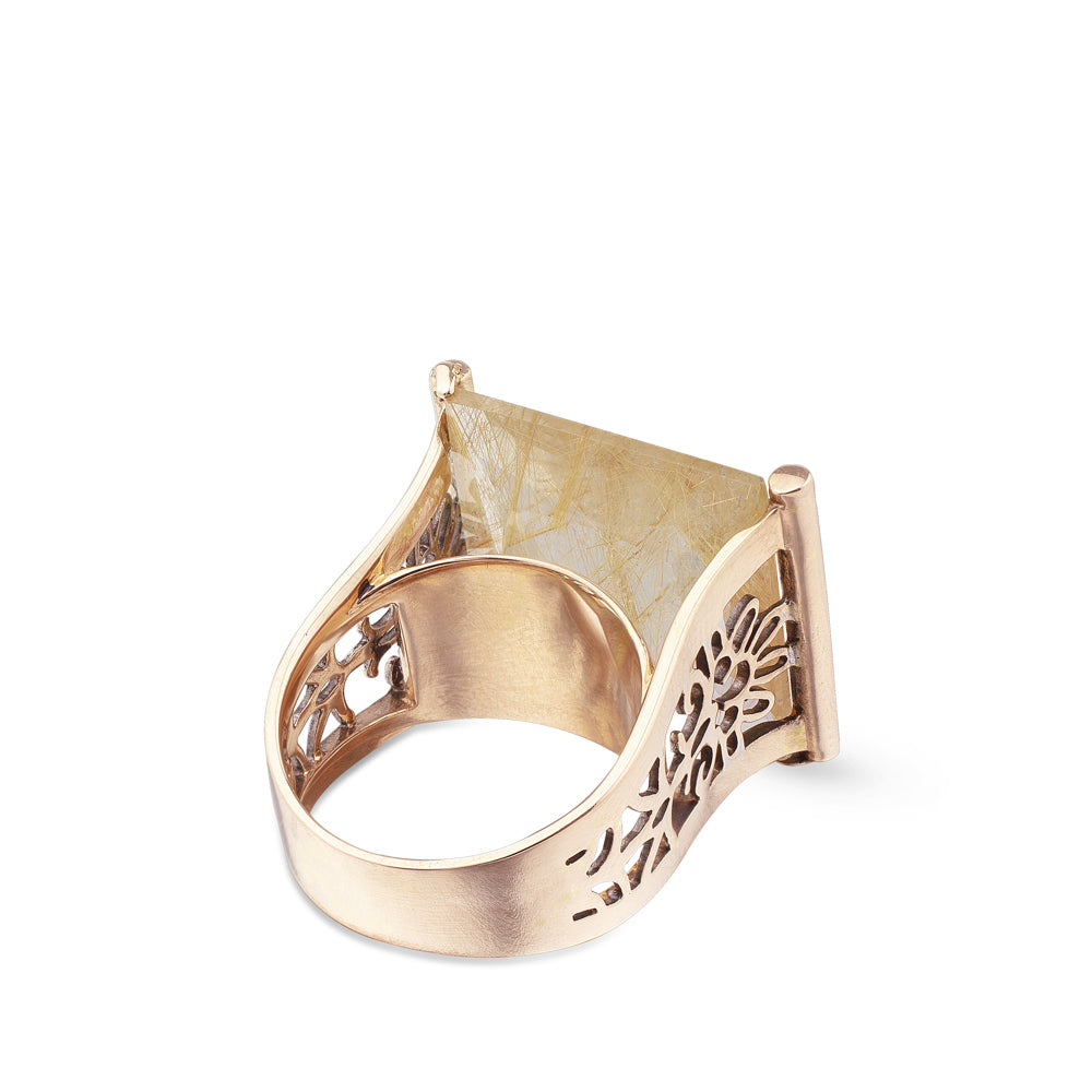 Sortija 'By You' de oro rosa con cuarzo rutilado y diamantes laterales negros