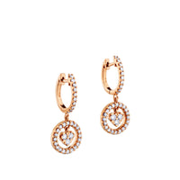 Pendientes de oro rosa con corazón de 3 diamantes y pavé de diamantes
