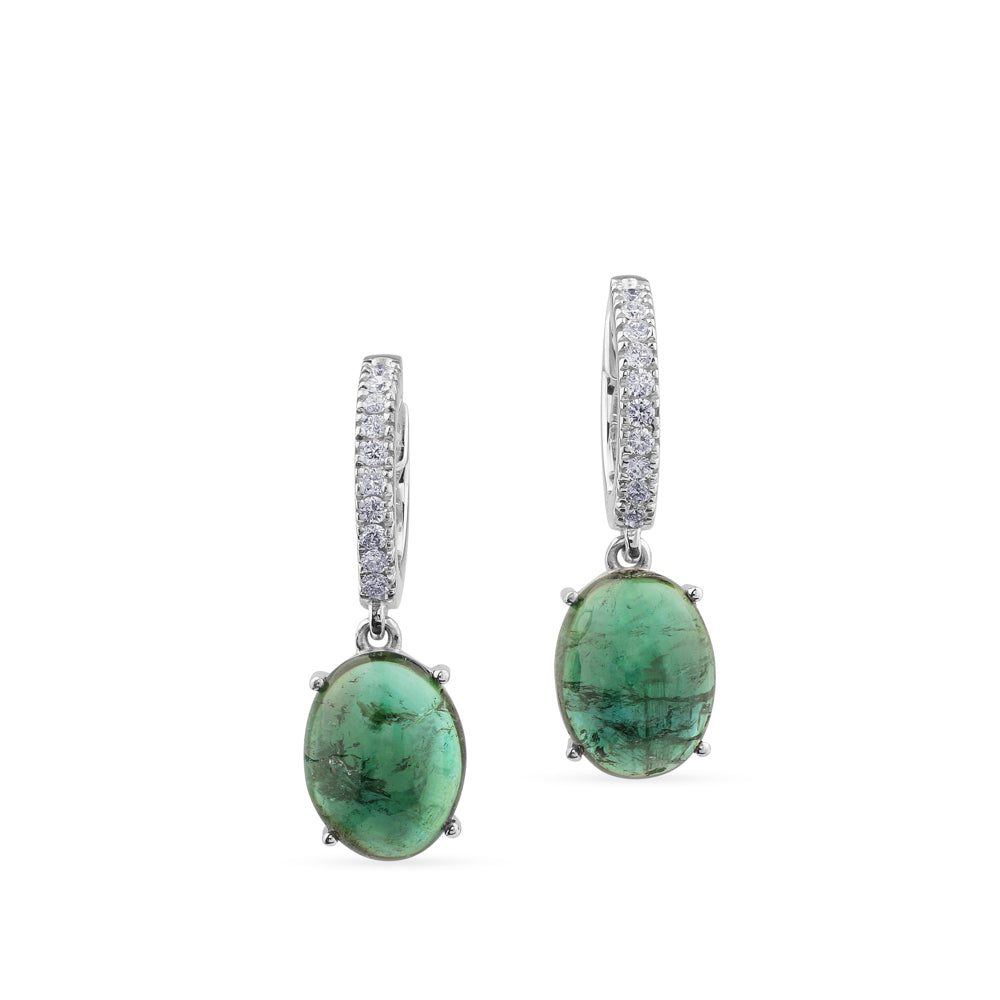 Pendientes oro blanco pavé de diamantes y turmalina verde|Chocrón Joyeros
