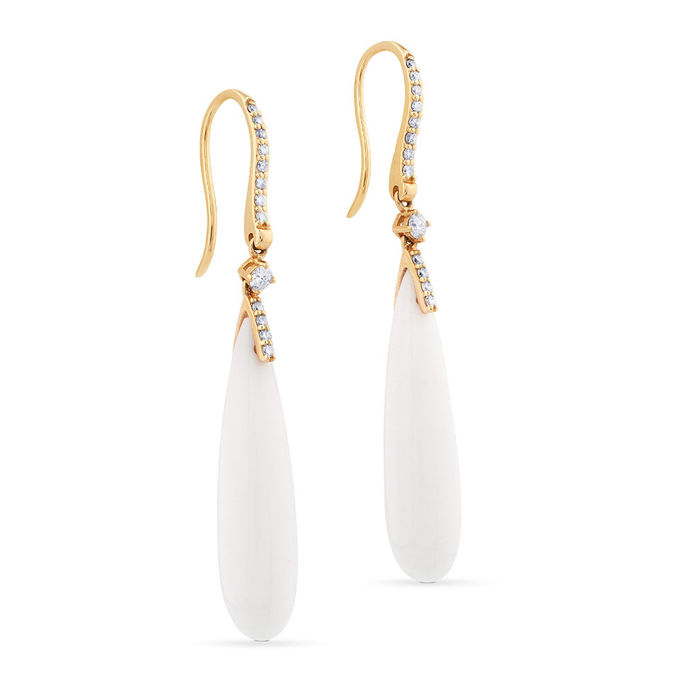 Pendientes largos de oro rosa con diamantes y ágata blanca