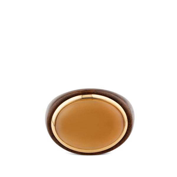 Sortija de madera marrón y oro amarillo con citrino