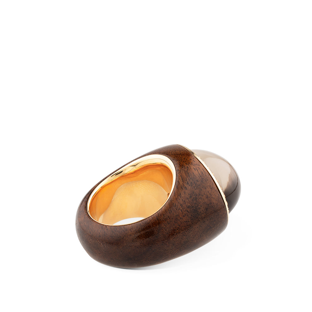 Sortija de madera marrón oscuro y oro rosa con cuarzo fumé y orla de diamantes