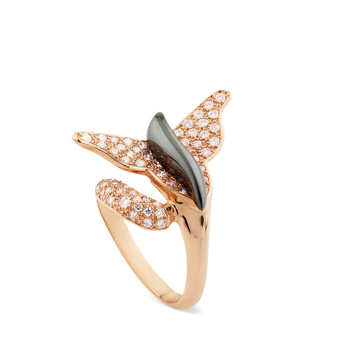Sortija Mariposa de oro rosa con diamantes y hematite