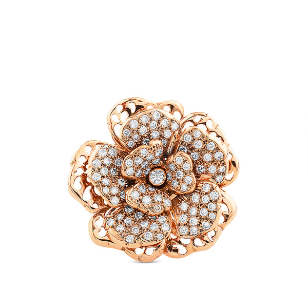 Sortija de oro rosa con flor grande de pavé de diamantes