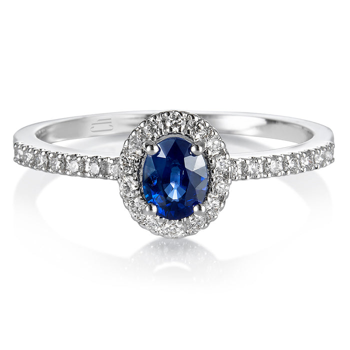 Sortija "Royal Trilogy" de oro blanco zafiro y orla de diamantes