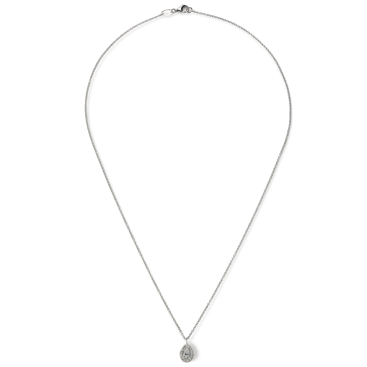 Colgante de oro blanco con diamantes talla brillante, talla pera y orla de diamantes