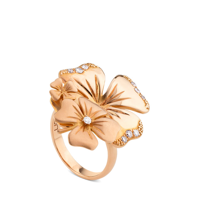 Sortija cLOVEr de oro rosa brillo y mate y diamantes