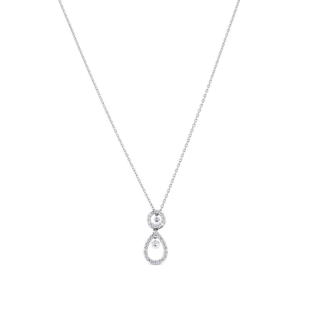 Colgante de oro blanco con círculo y lágrima de pavé de diamantes y dos diamantes al aire