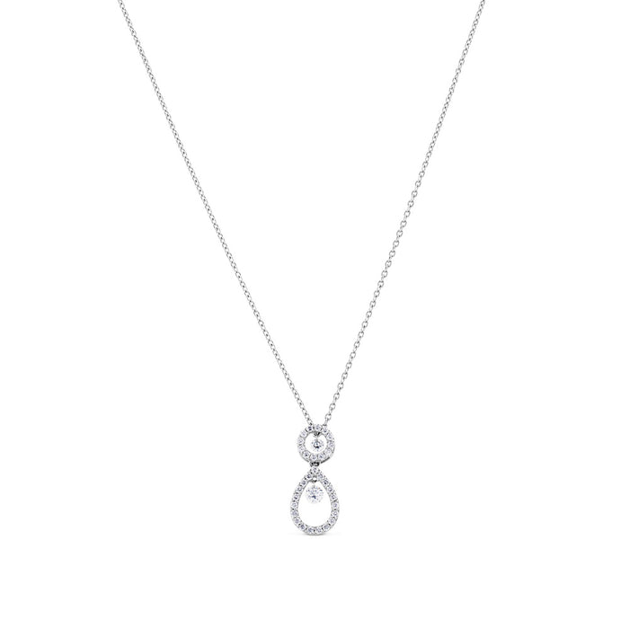 Colgante de oro blanco con círculo y lágrima de pavé de diamantes y dos diamantes al aire