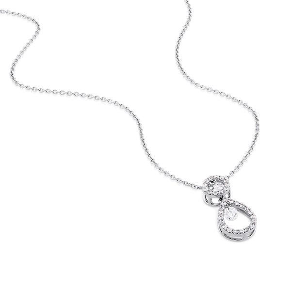 Colgante de oro blanco con círculo y lágrima de pavé de diamantes y dos diamantes al aire