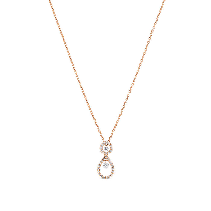 Colgante de oro rosa con círculo y lágrima de pavé de diamantes y dos diamantes al aire