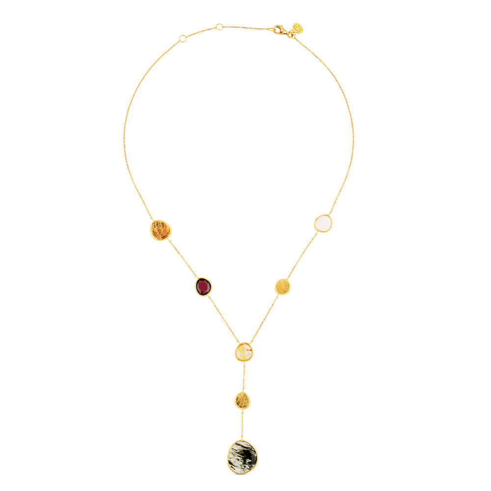 Collar de oro amarillo en forma de "Y" con cuarzos multicolor (40 cm)