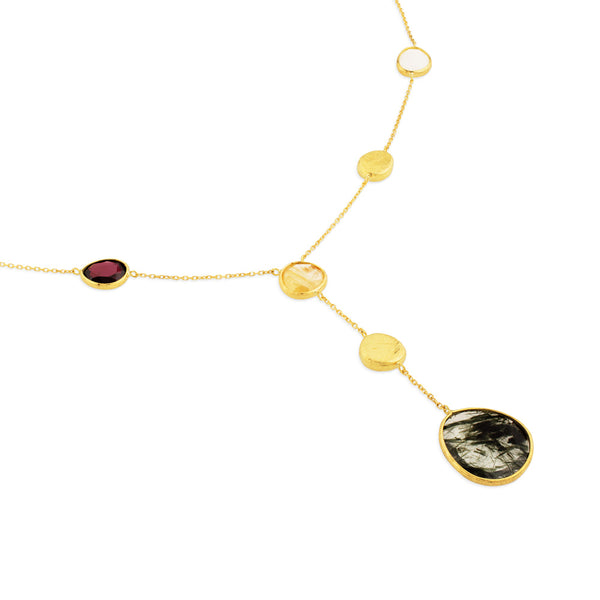 Collar de oro amarillo en forma de "Y" con cuarzos multicolor (40 cm)