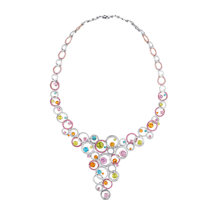 Gargantilla oro blanco con diamantes y zafiros de colores