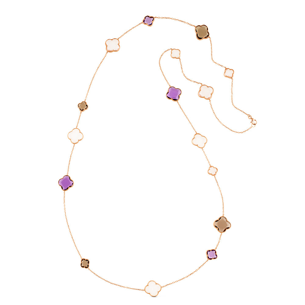 Collar de oro rosa con amatista, cuarzo fumé y cuarzo blanco (90 cm)