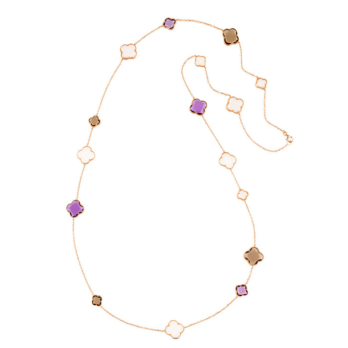 Collar de oro rosa con amatista, cuarzo fumé y cuarzo blanco (90 cm)