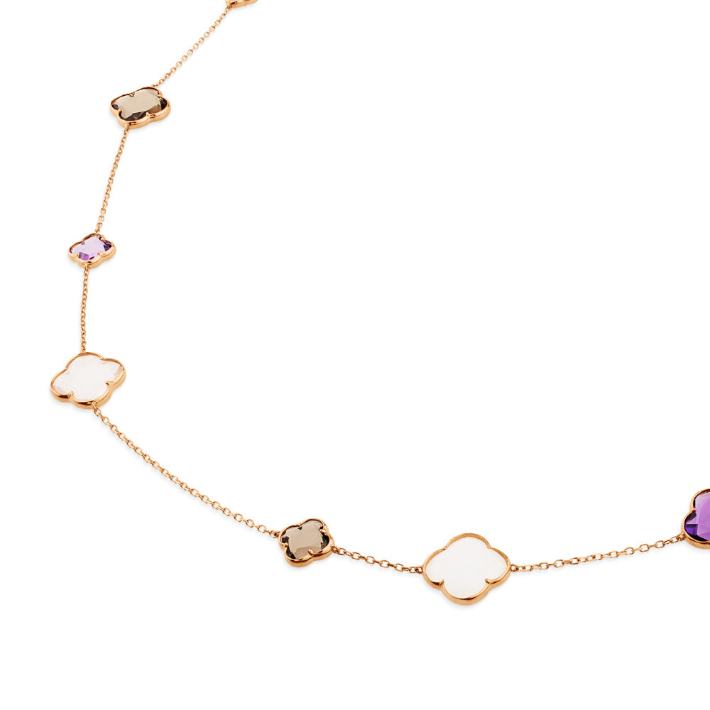 Collar de oro rosa con amatista, cuarzo fumé y cuarzo blanco (90 cm)