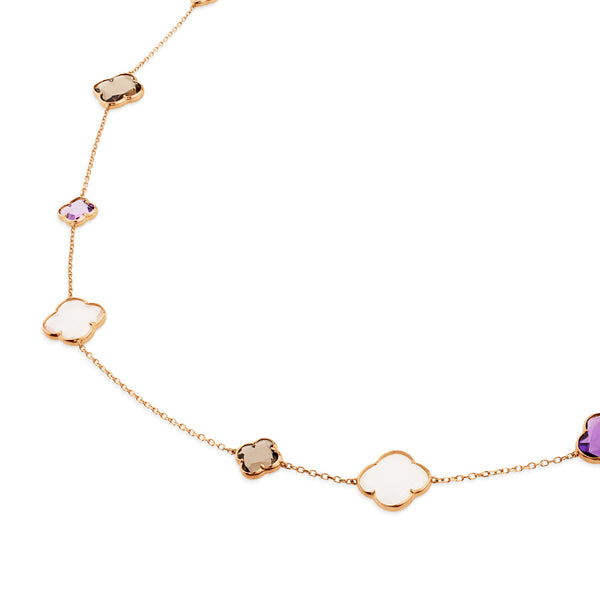 Collar de oro rosa con amatista, cuarzo fumé y cuarzo blanco (90 cm)