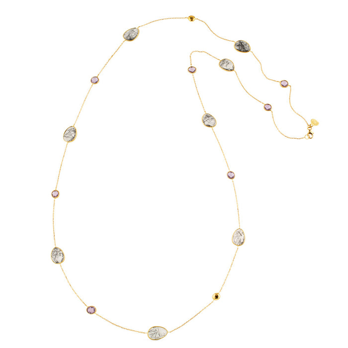 Collar de oro rosa con cuarzo rutilado y cuarzos multicolor (90 cm)