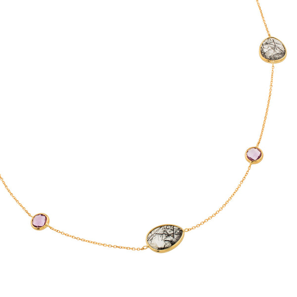 Collar de oro rosa con cuarzo rutilado y cuarzos multicolor (90 cm)