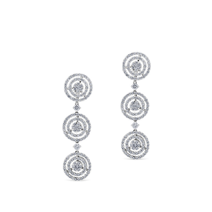 Pendientes largos de oro blanco desmontables con tres círculos de diamantes