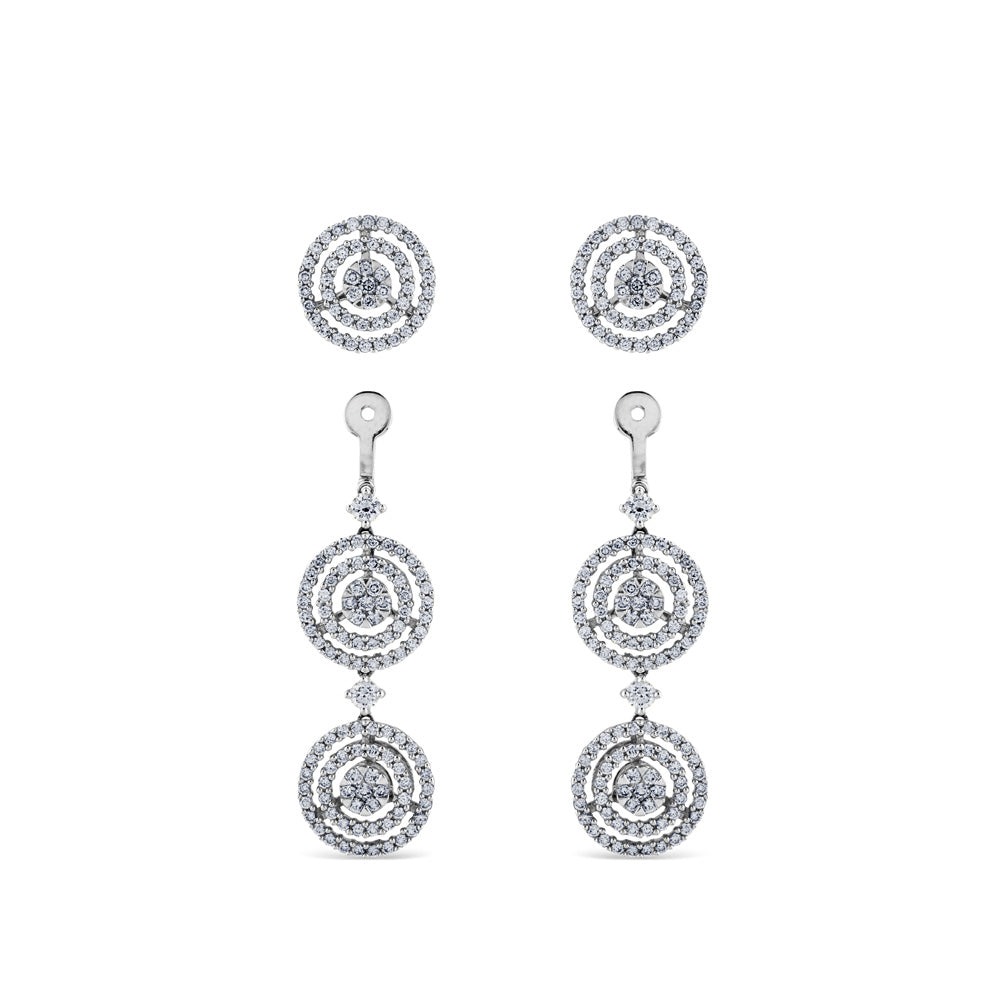 Pendientes largos de oro blanco desmontables con tres círculos de diamantes