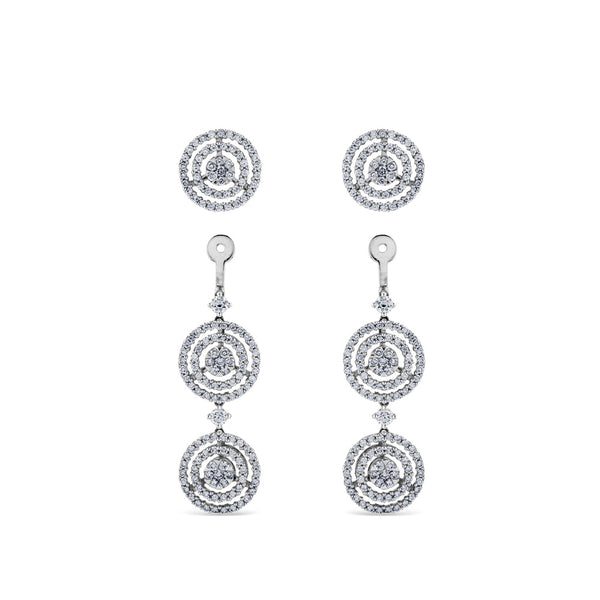 Pendientes largos de oro blanco desmontables con tres círculos de diamantes
