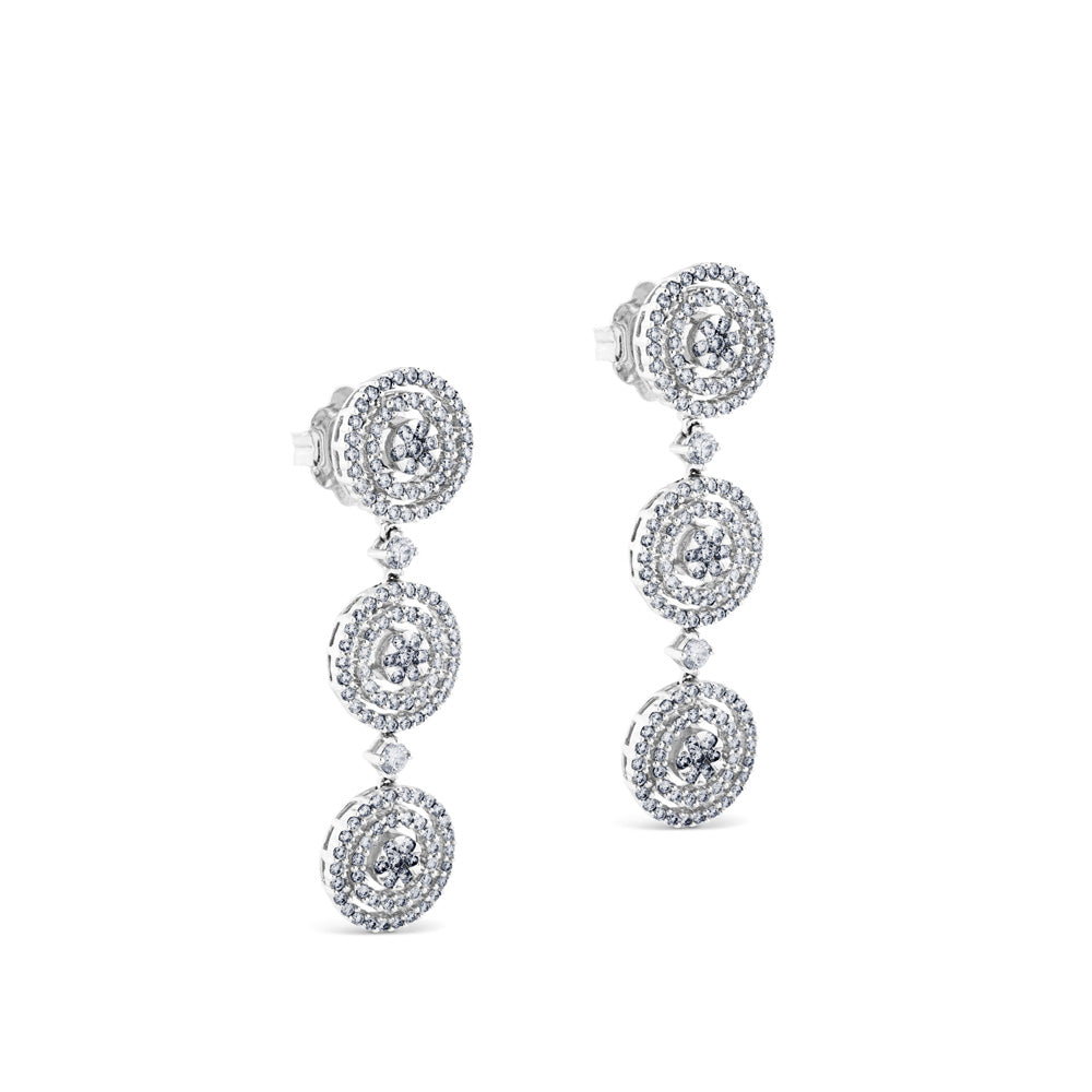 Pendientes largos de oro blanco desmontables con tres círculos de diamantes
