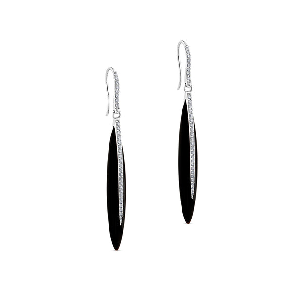 Pendientes largos de oro blanco con onix y diamantes