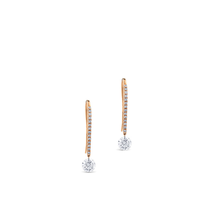 Pendientes de oro rosa con hilera de diamantes y diamante al aire