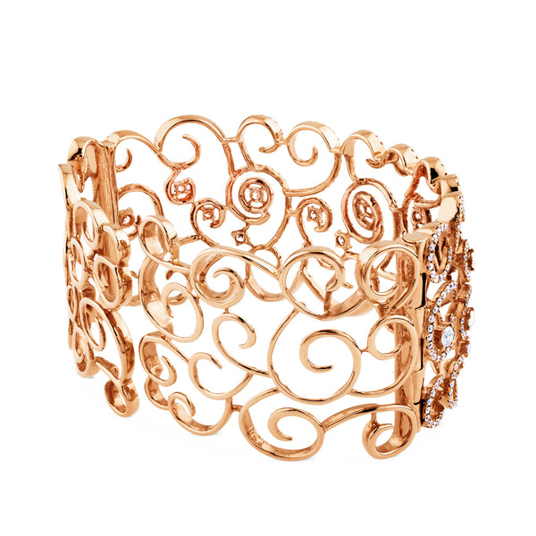 Pulsera ancha rígida de oro rosa con diamantes y pavé de diamantes