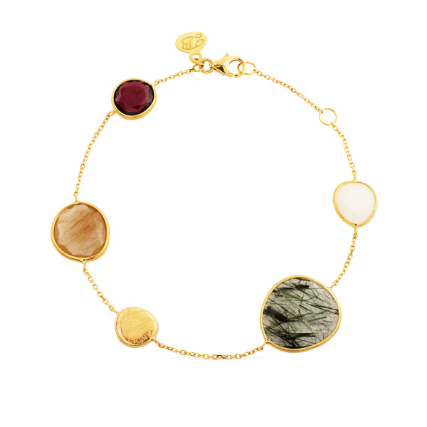 Pulsera de oro amarillo mate con cuarzos de colores