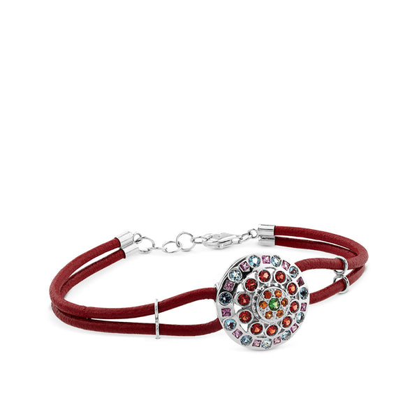 Pulsera de oro blanco con cordón rojo y círculo de cuarzos de colores