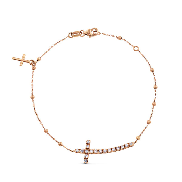 Pulsera de oro rosa con cruz horizontal de diamantes