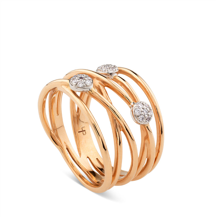 Sortija de hilos en oro rosa con círculos de pavés de diamantes en oro blanco