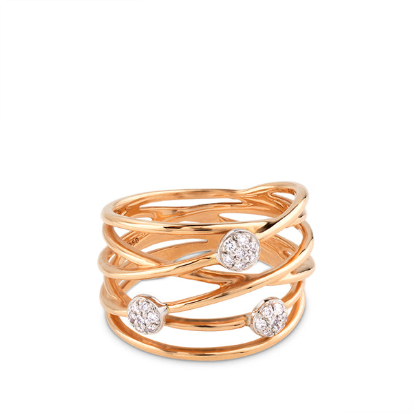 Sortija de hilos en oro rosa con círculos de pavés de diamantes en oro blanco