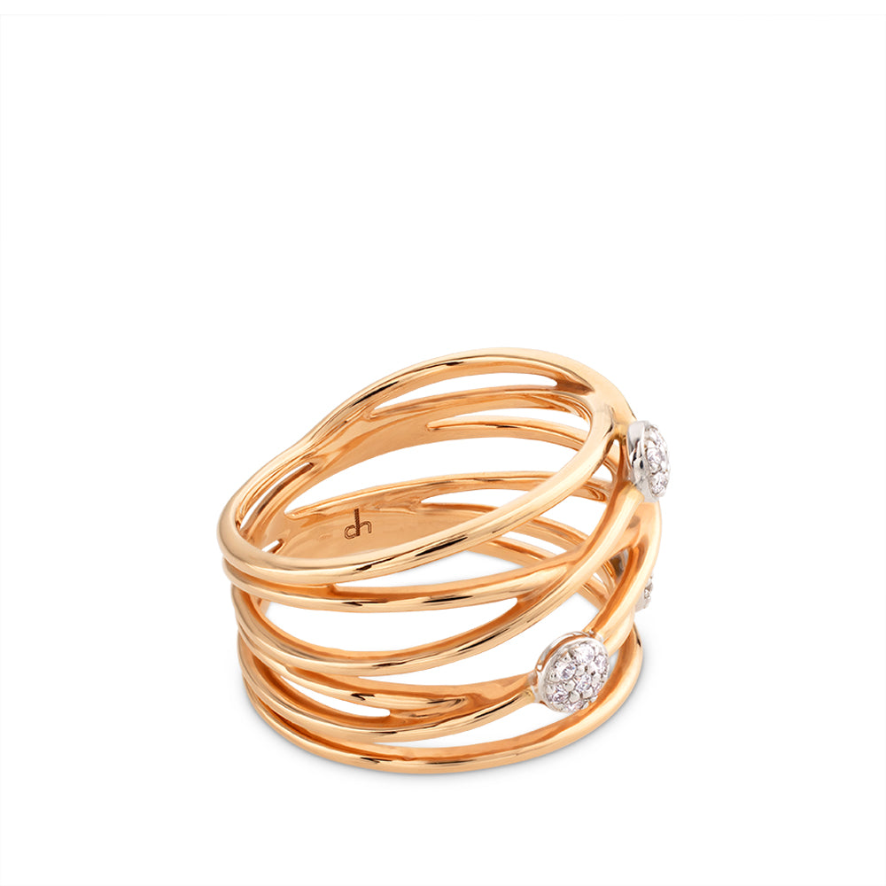Sortija de hilos en oro rosa con círculos de pavés de diamantes en oro blanco