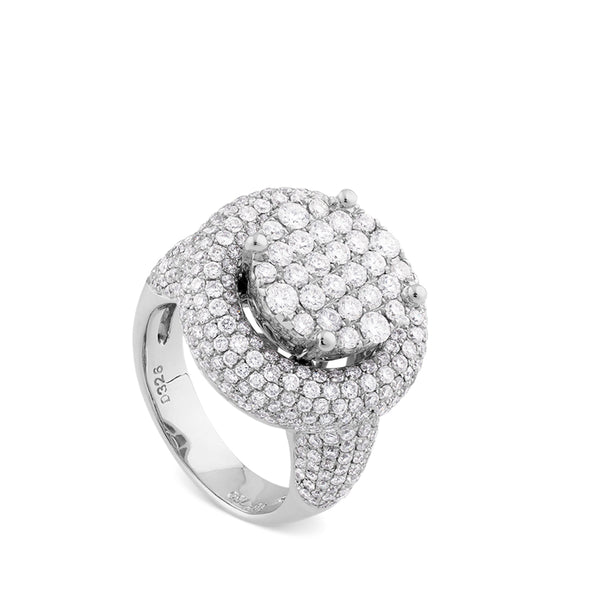 Sortija de oro blanco redonda con pavé de diamantes en doble altura