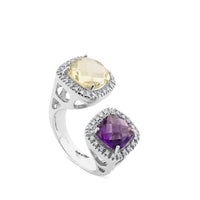 Sortija de oro blanco "tu y yo"  con amatista y cuarzo limón cuadradas con orla de pavé de diamantes