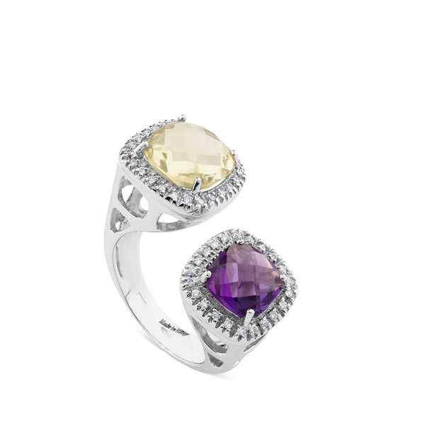 Sortija de oro blanco "tu y yo"  con amatista y cuarzo limón cuadradas con orla de pavé de diamantes