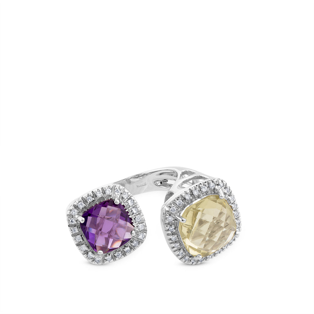 Sortija de oro blanco "tu y yo"  con amatista y cuarzo limón cuadradas con orla de pavé de diamantes