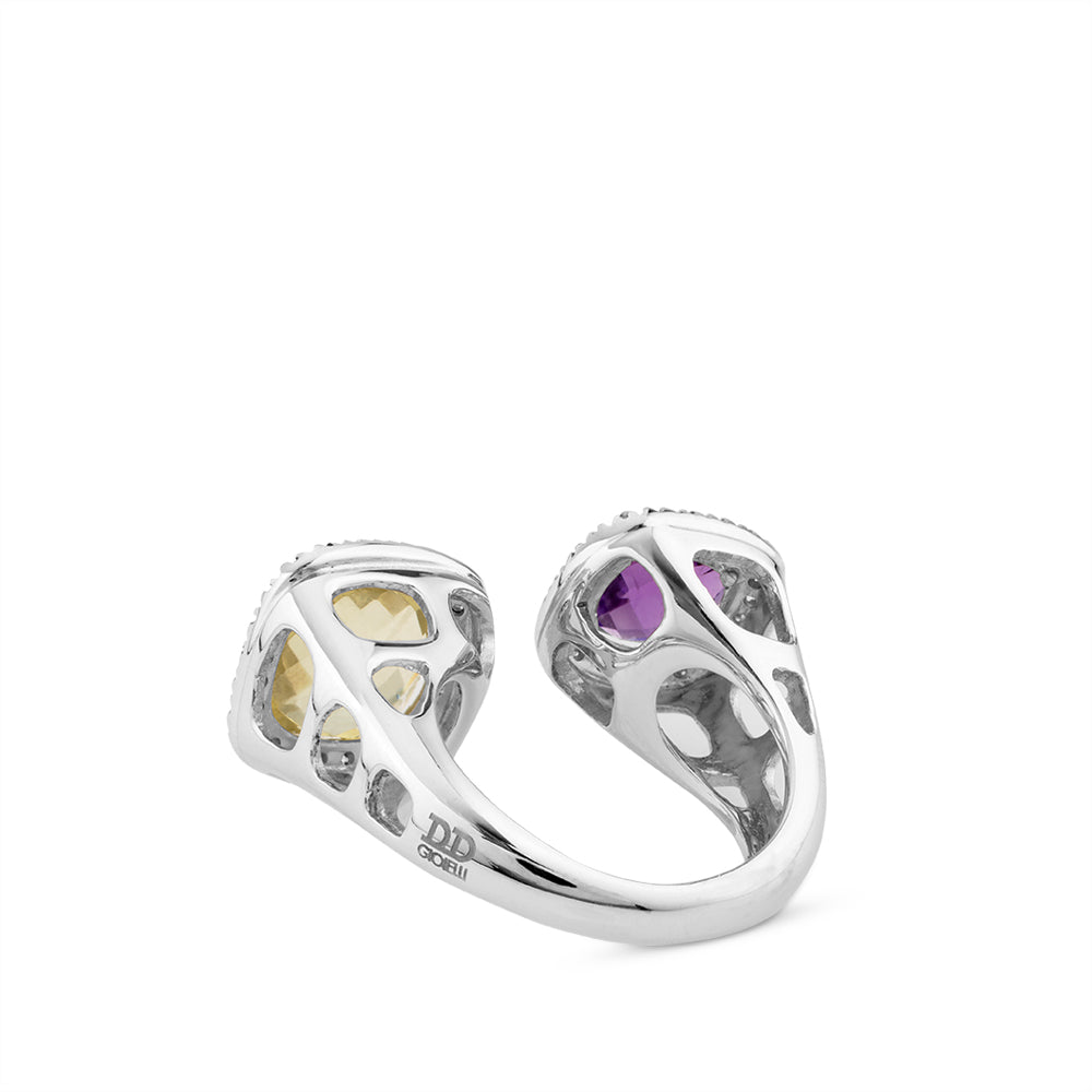 Sortija de oro blanco "tu y yo"  con amatista y cuarzo limón cuadradas con orla de pavé de diamantes