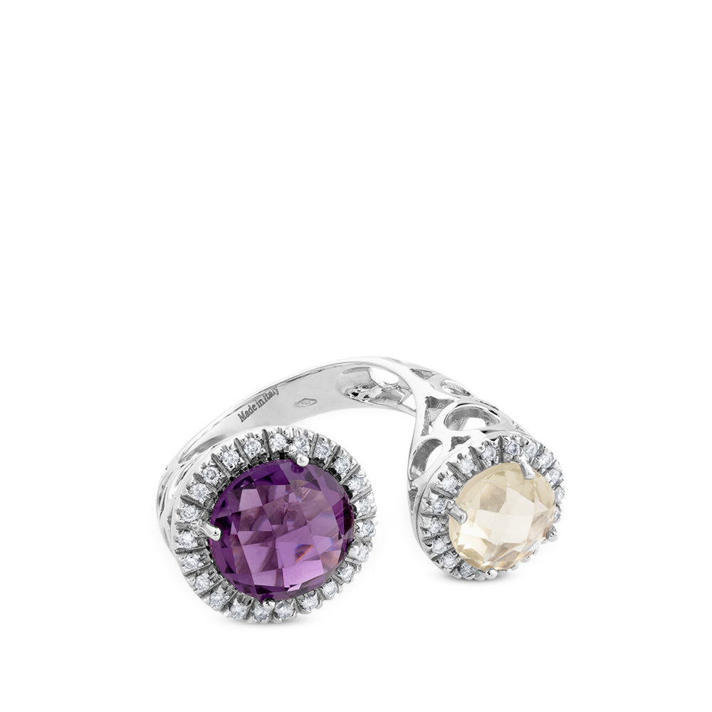 Sortija de oro blanco "tu y yo" con amatista y cuarzo limón redondas con orla de pavé de diamantes