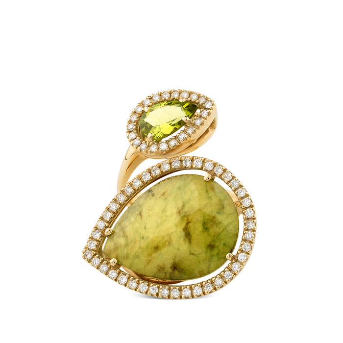 Sortija "tu y yo" de oro rosa con jade y peridoto en talla marquise y orla de diamantes