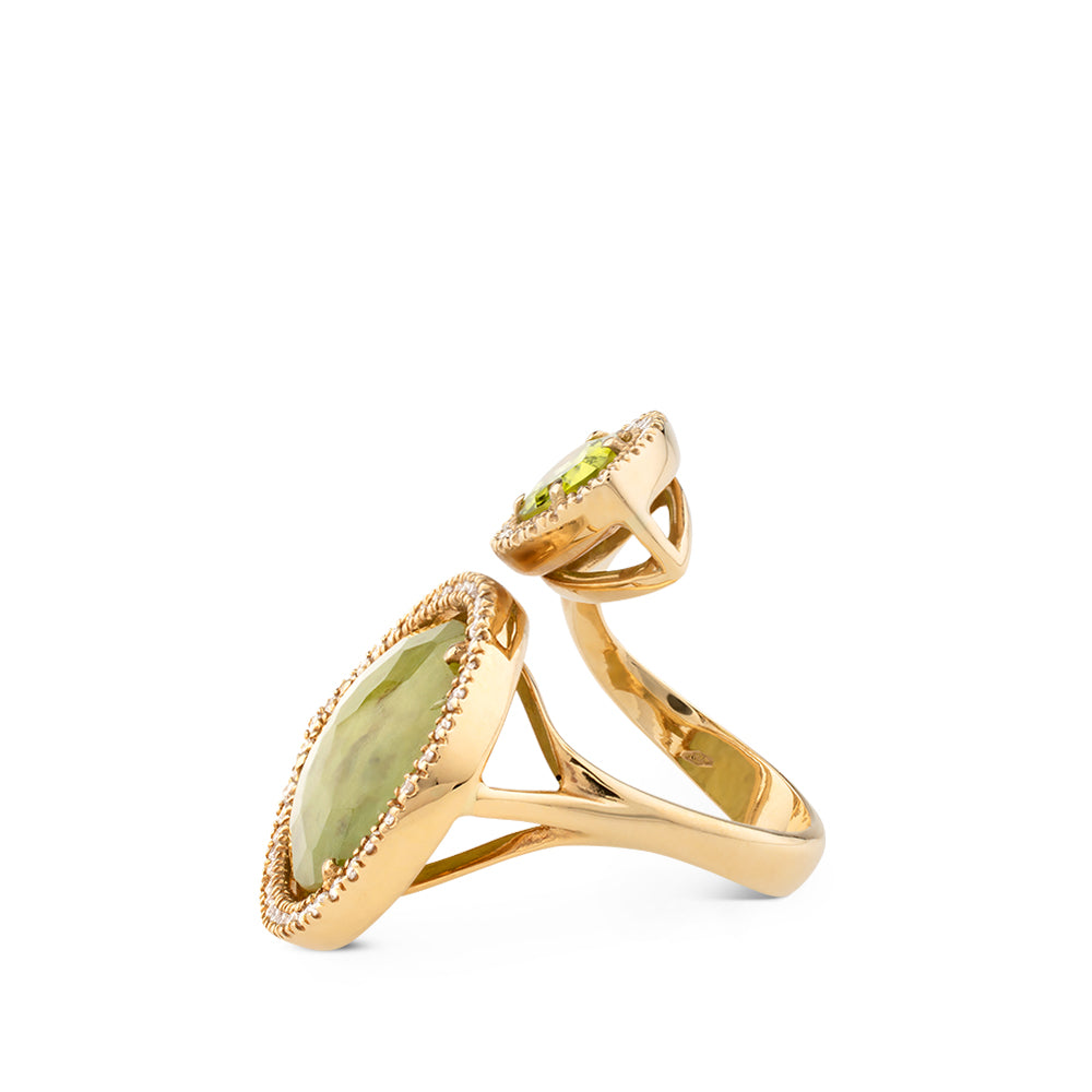 Sortija "tu y yo" de oro rosa con jade y peridoto en talla marquise y orla de diamantes