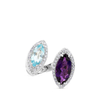 Sortija "tu y yo" de oro blanco con amatista y topacio azul en talla marquise y orla de diamantes